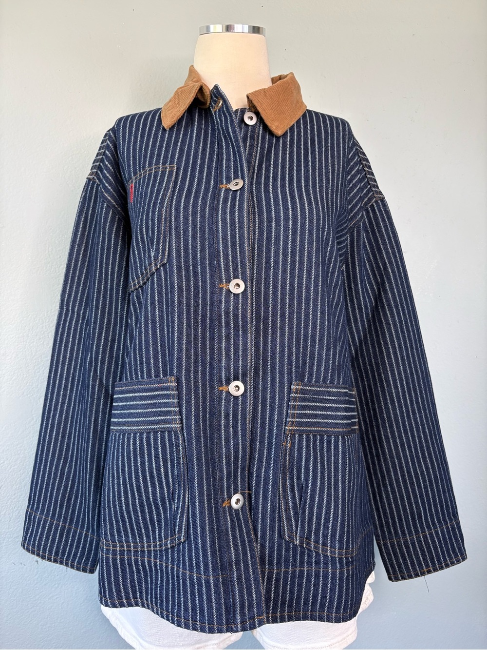 Corduroy Collar Stripe Denim Shacket Trucker Jacket - Boutique